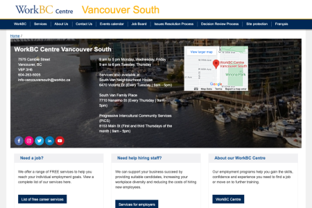 Screenshot of WorkBC Centre Vancouver South home page