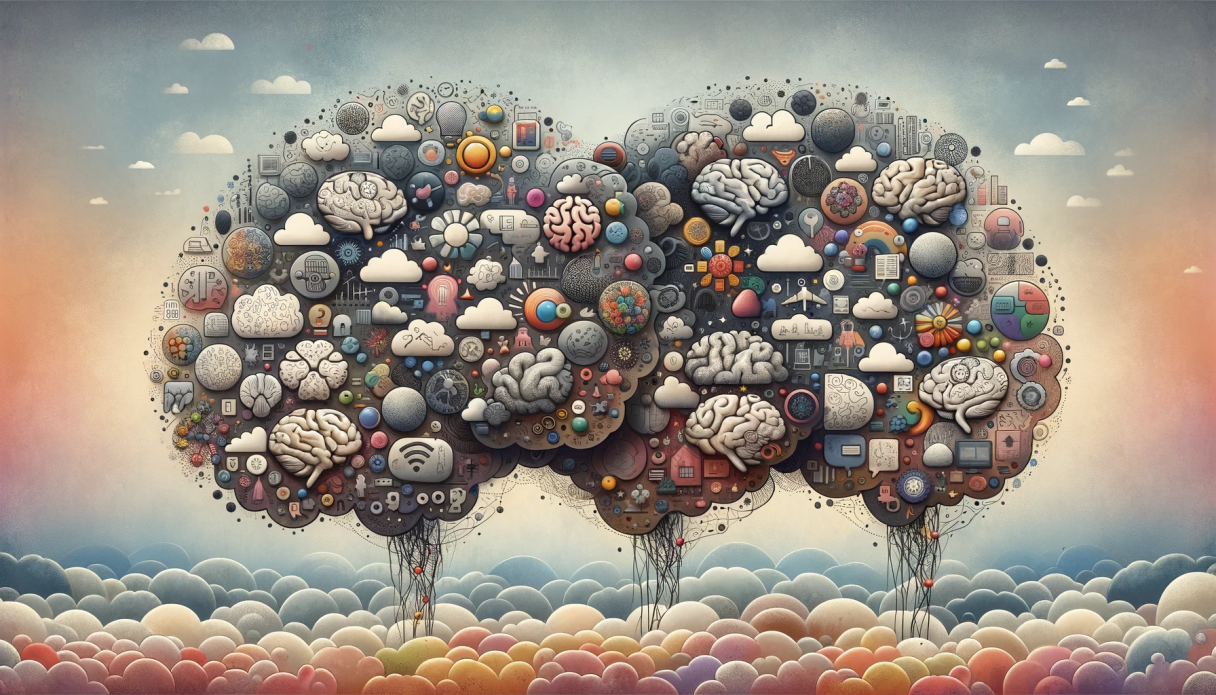 A collection of images form two clouds in the shape of brains. The clouds are clearly multiple balloons.