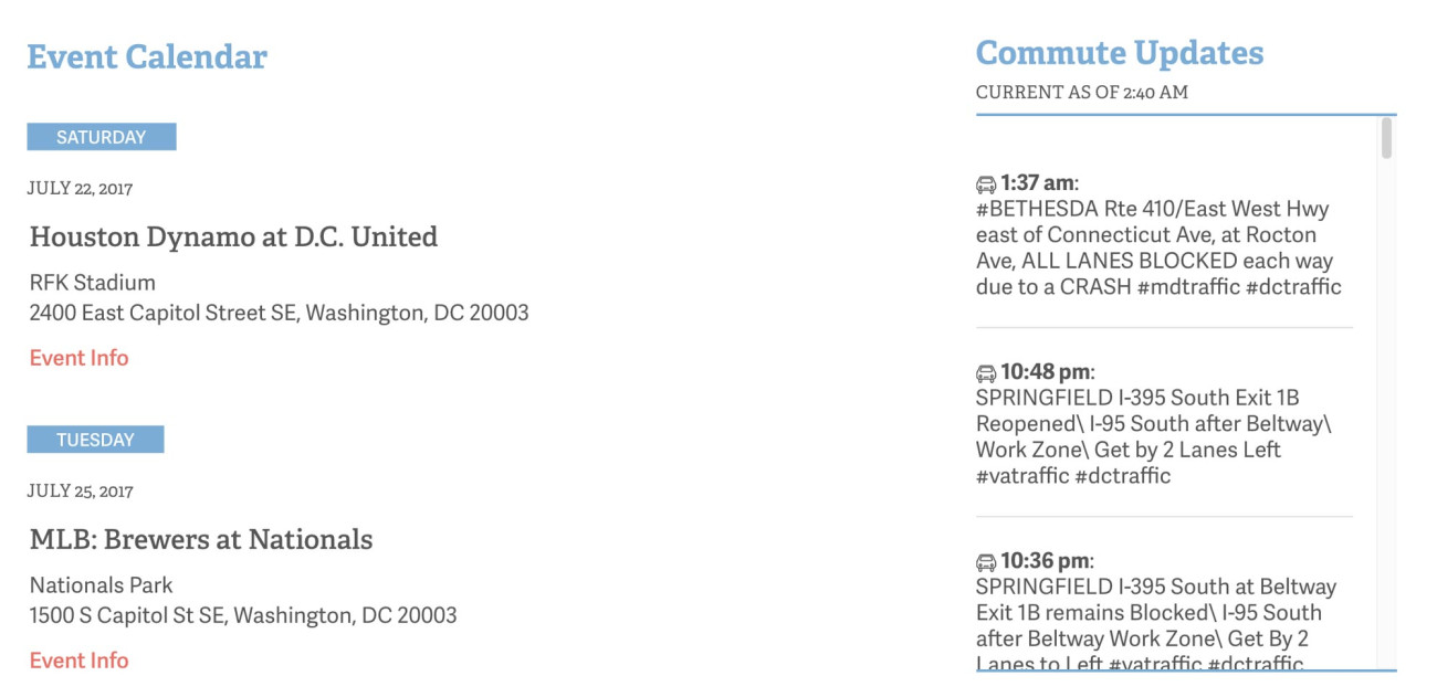 Screenshot of DC Commute Times website Events page