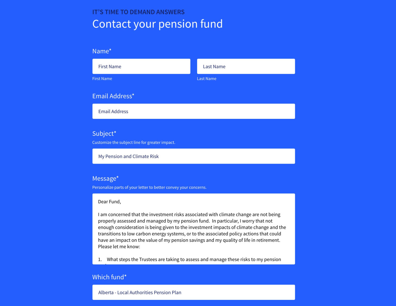 Screenshot of Pension Power website Contact page