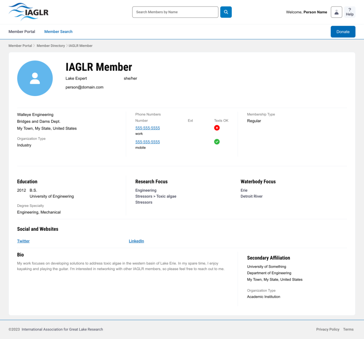 Screenshot of the IAGLR Member Directory profile example