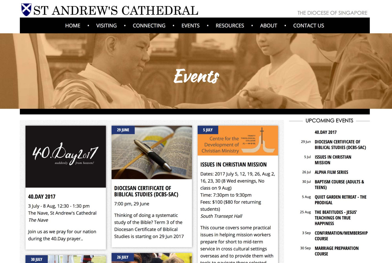 Screenshot of St. Andrew's Cathedral website Events page
