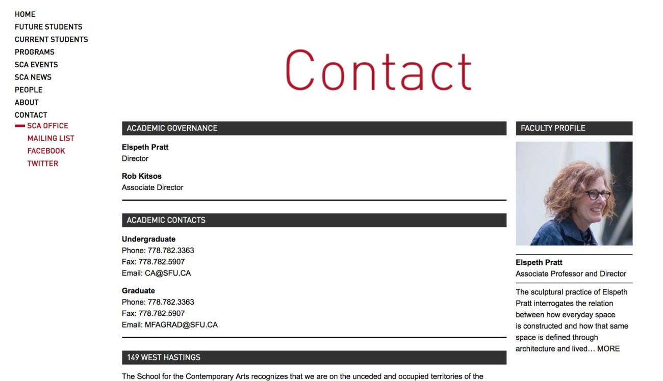 Screenshot of SFU website Contact page
