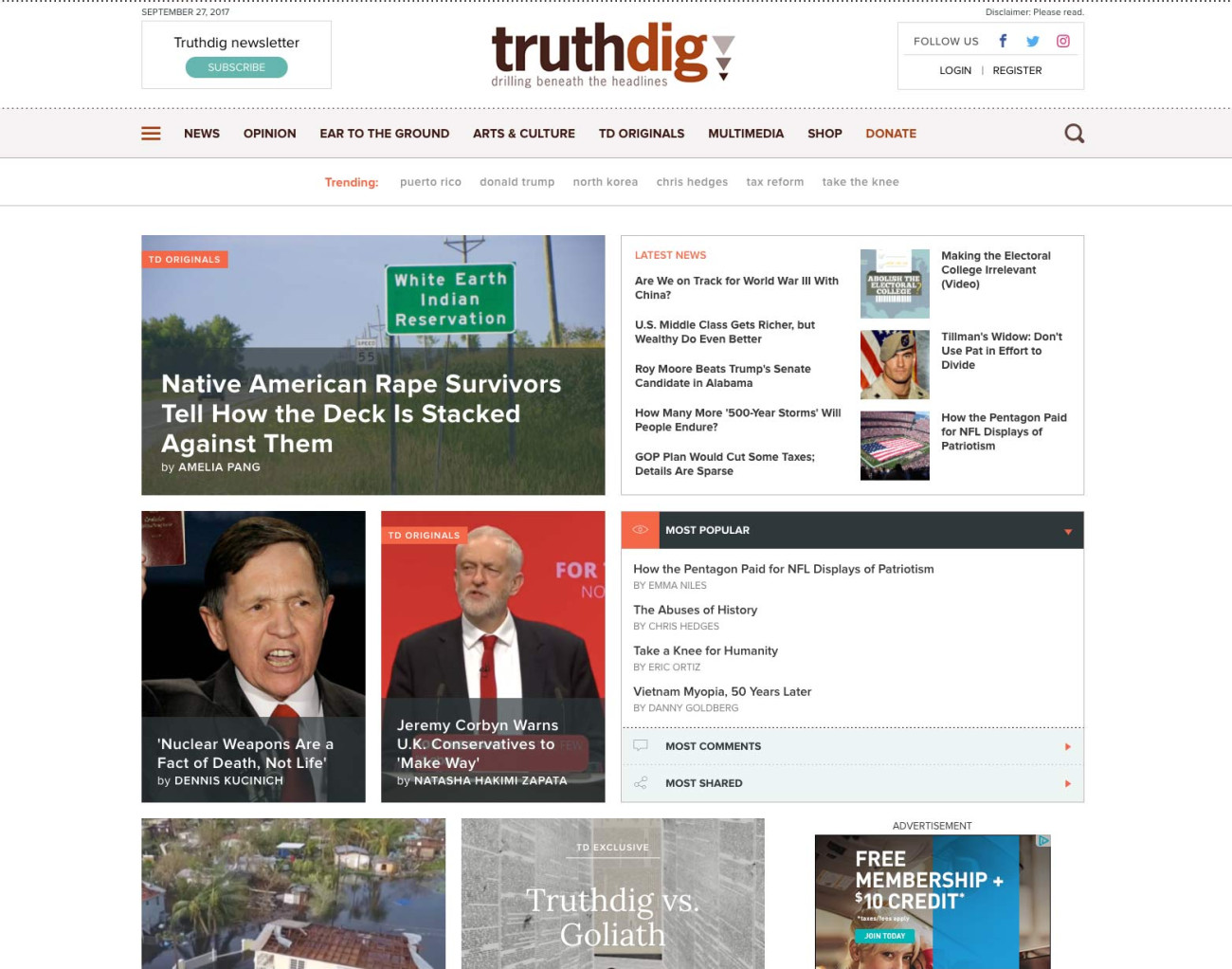 Screenshot of Truthdig website home page