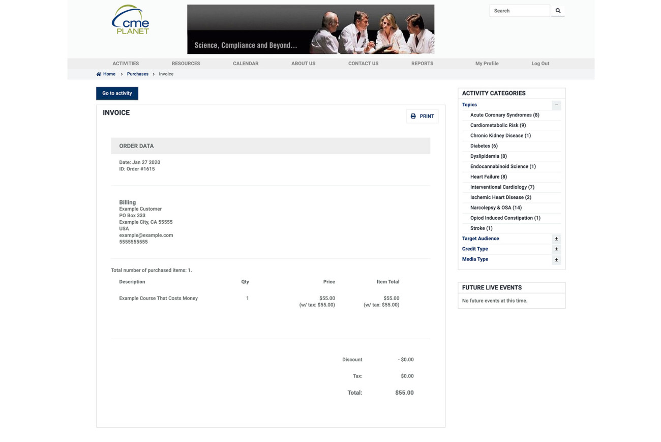 Screenshot of a CME Planet invoice page