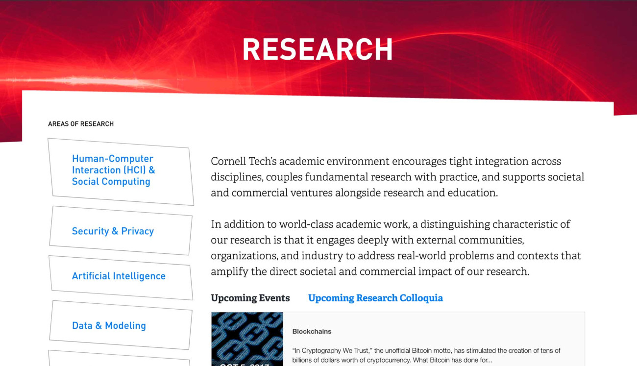 Screenshot of Cornell Tech website Research page
