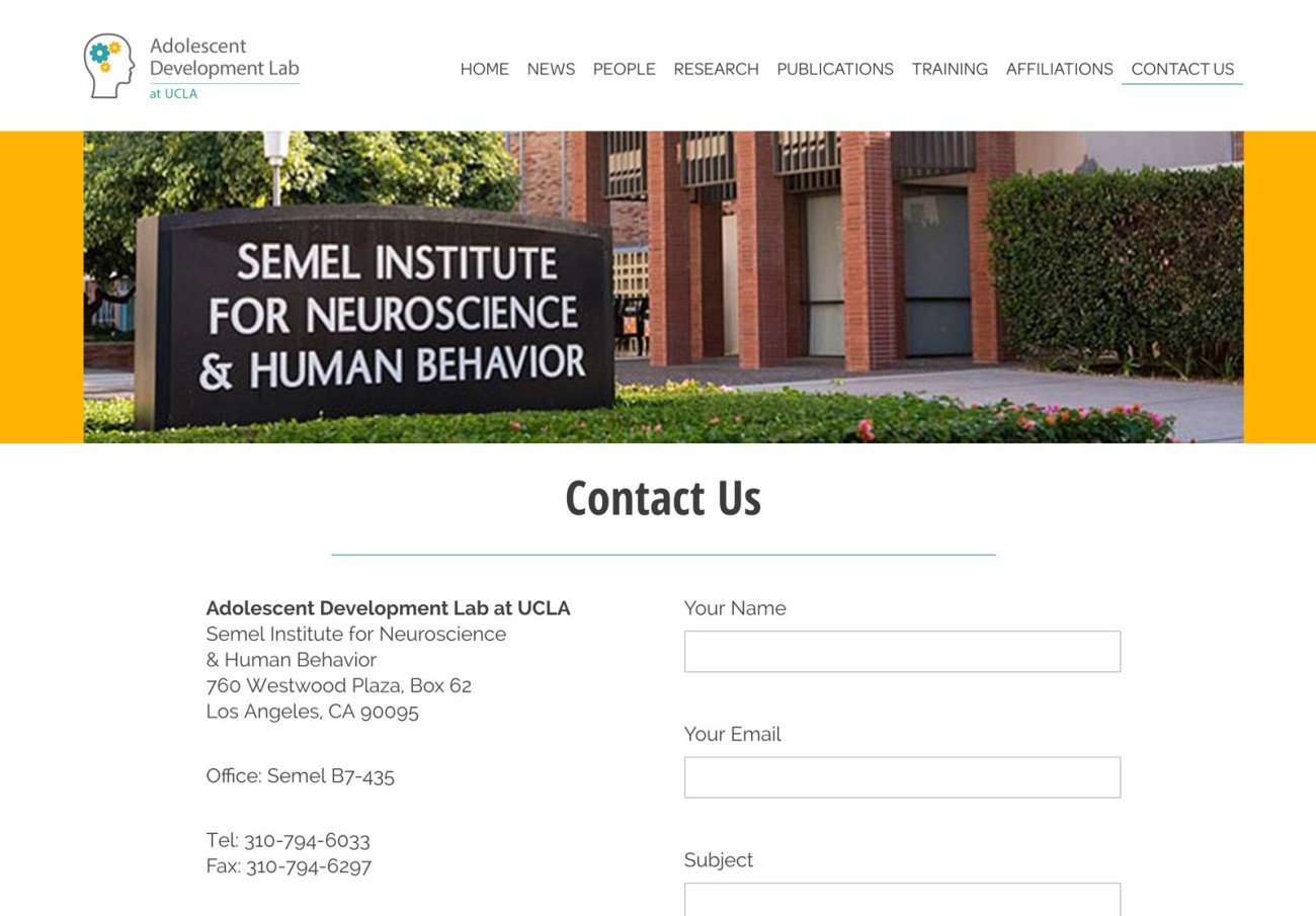 Screenshot of Adolescent Development Lab website Contact page