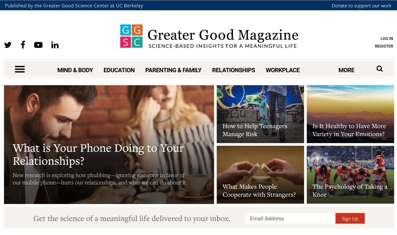 Greater Good Magazine home page screenshot