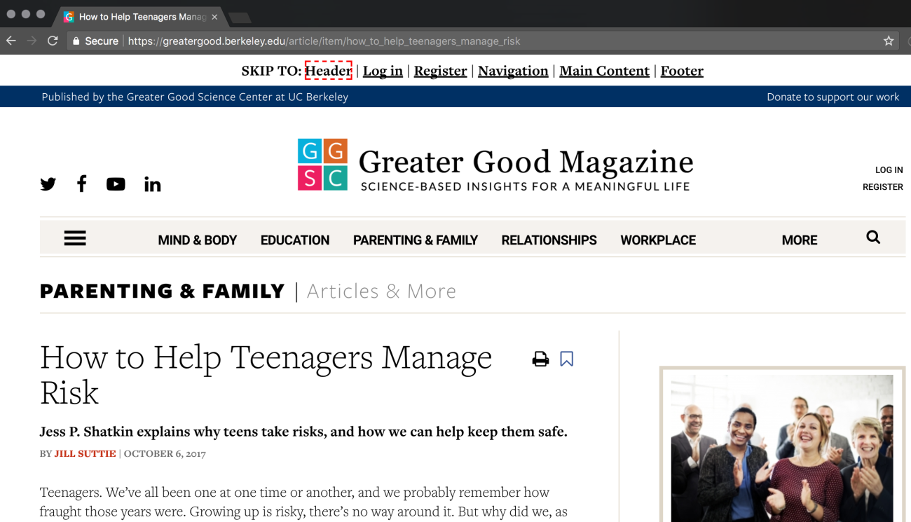 Greater Good Magazine skip navigation screenshot
