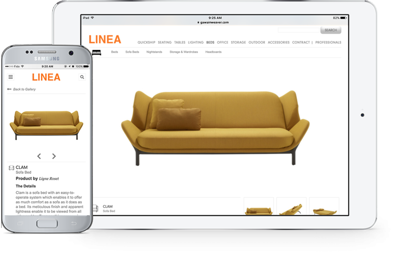 The Linea website shown on a tablet and phone