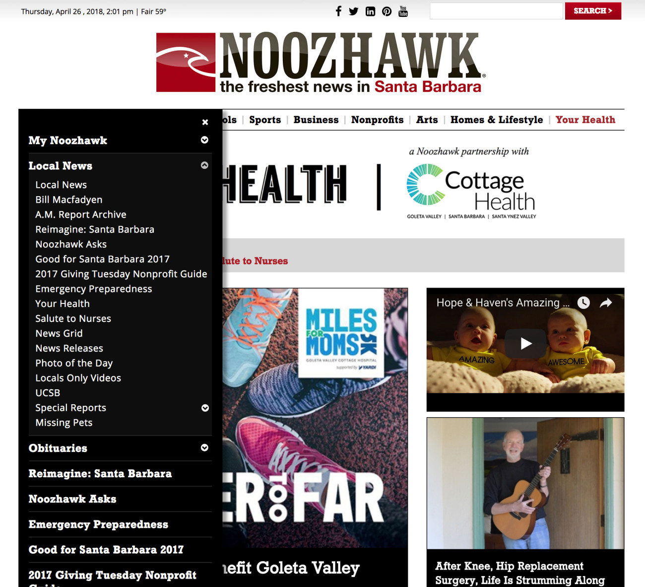 Screenshot of Noozhawk website Your Health with navigation dropdown