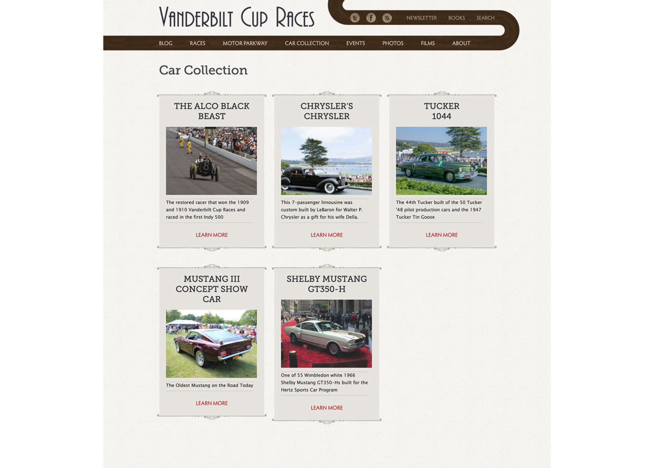 Screenshot of Vanderbilt Cup Races Car Collection page