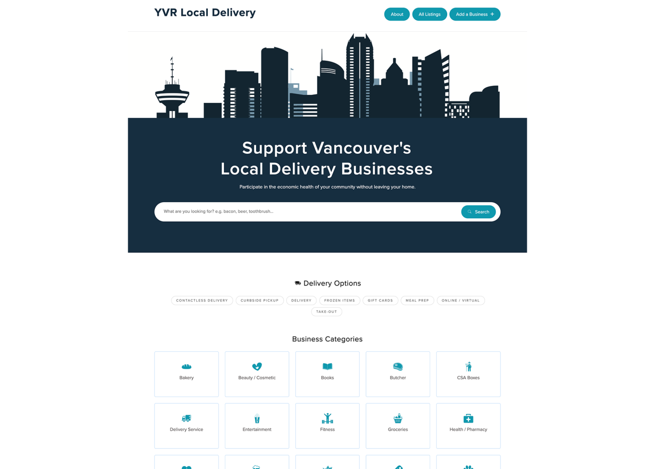 Screenshot of YVR Local DeliveryHome page