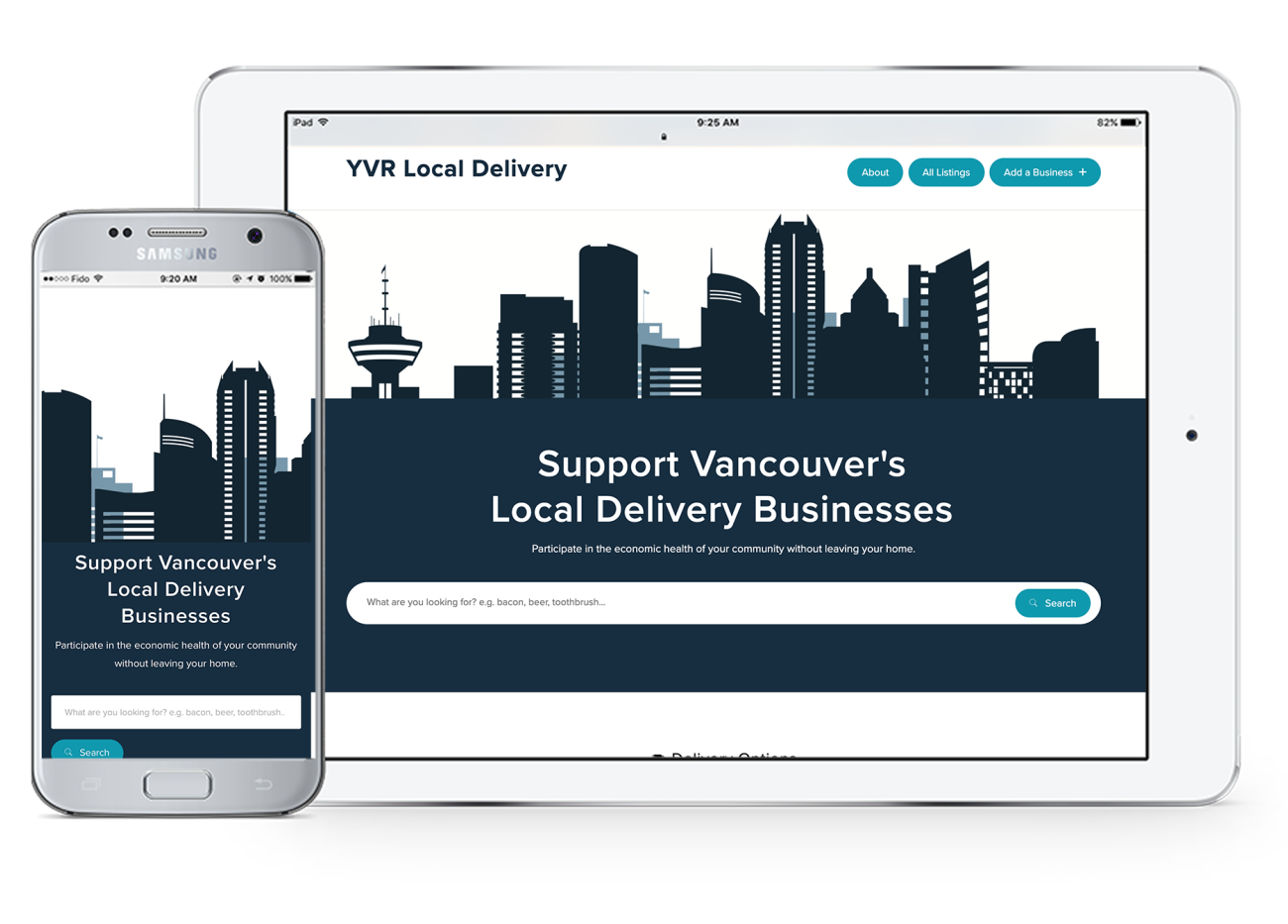 Screenshot of YVR Local Delivery mobile and tablet home page