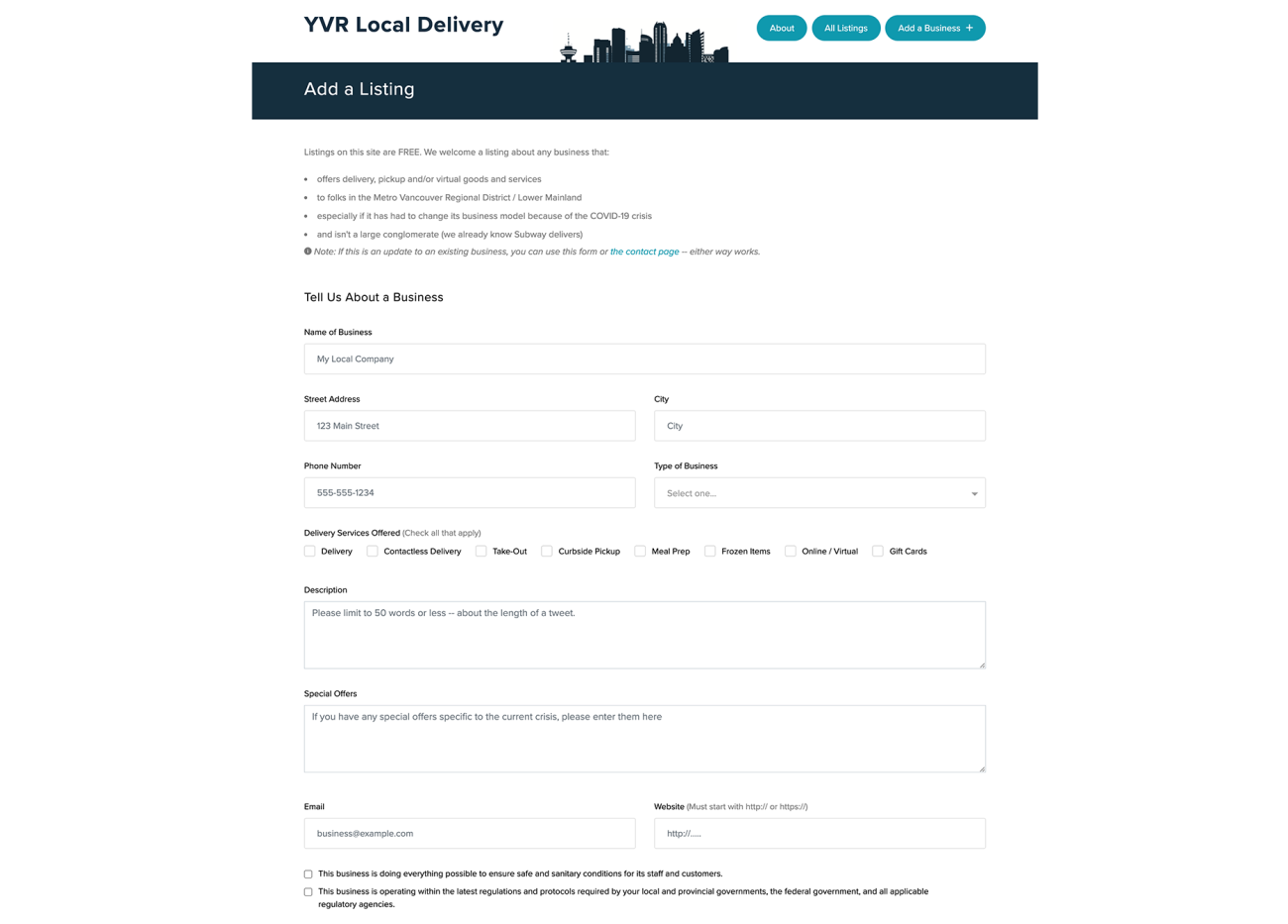 Screenshot of YVR Local Delivery Add a business page