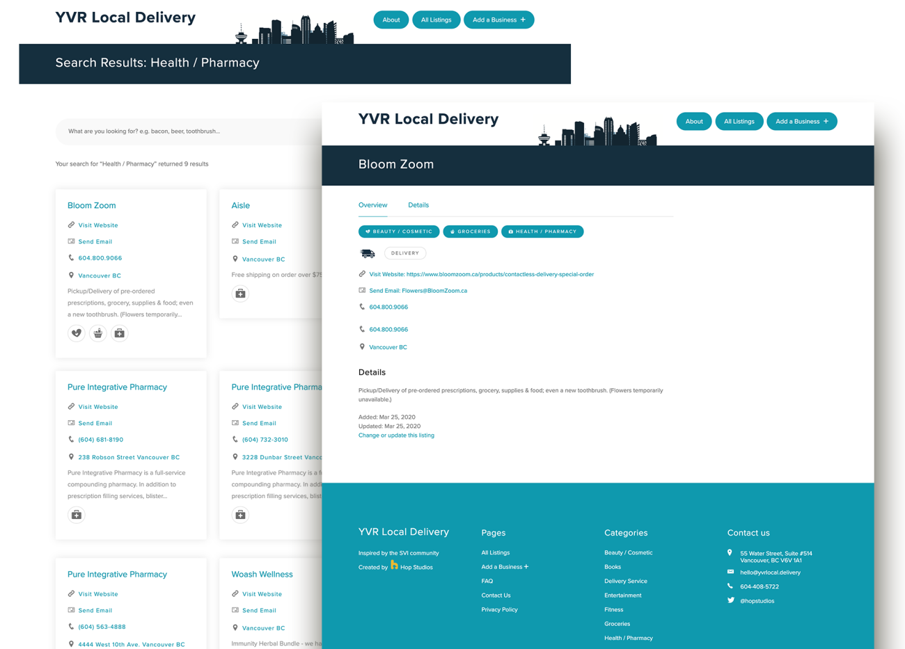 Screenshot of YVR Local Delivery Listing category and listing page